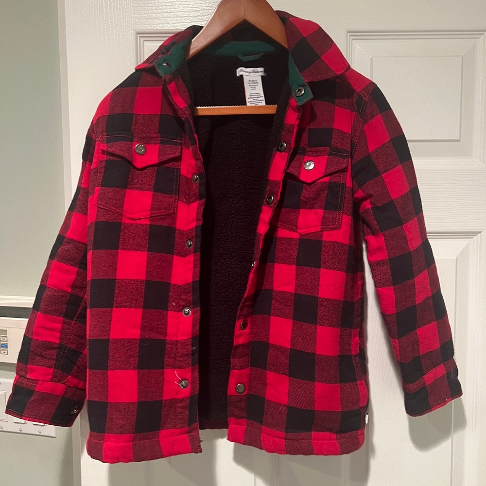 Tommy Bahama Youth Red and Black Plaid Shirt Jacket with wool lining side 10/12